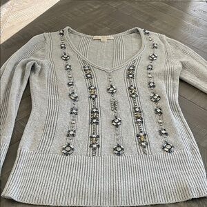 Boston Proper Gray V-Neck Sweater with Embellishments
